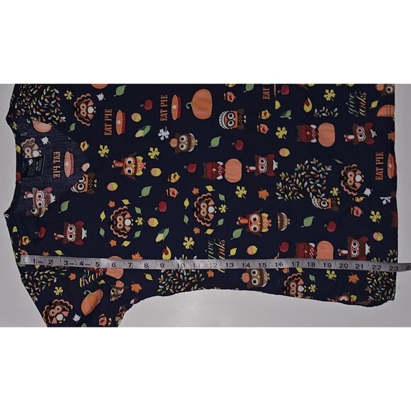 Zoe + Chloe Thanksgiving Scrubs Top Shirt XS Blue Orange Owl Turkey Pilgrim Pie - Picture 8 of 8